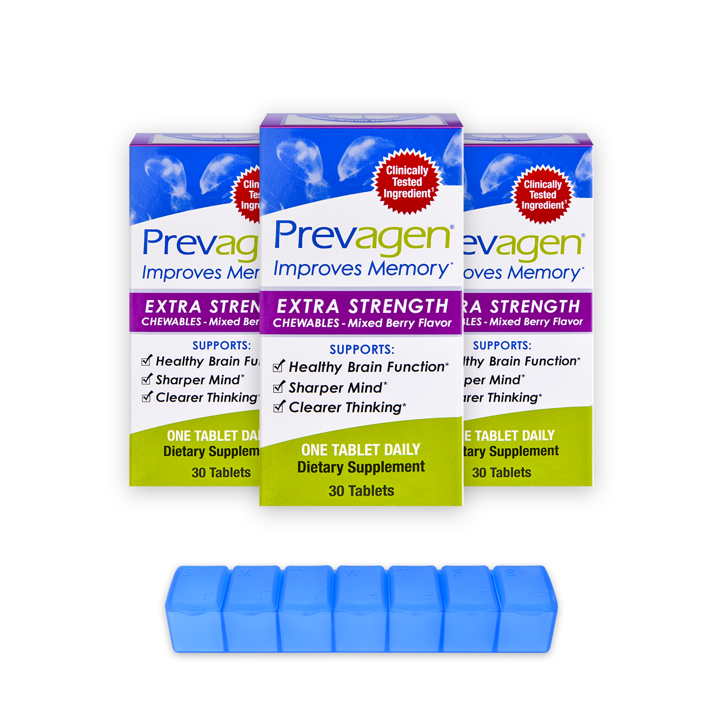 Prevagen® 20mg, 30 Chewables - Mixed Berry Flavor (3-Pack) with Prevagen 7-Day Pill Minder